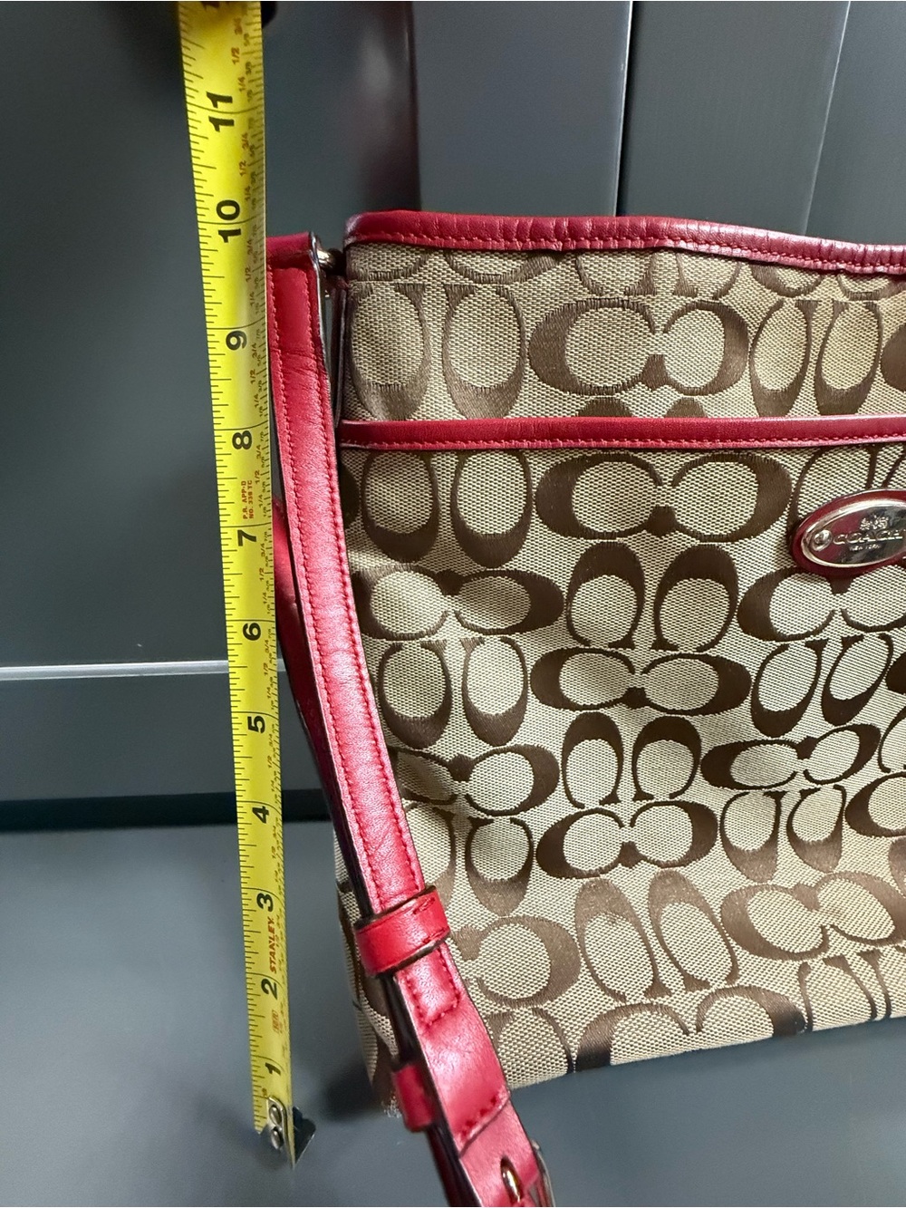 Coach Signature Canvas Shoulder Bag in Brown and Red Trim